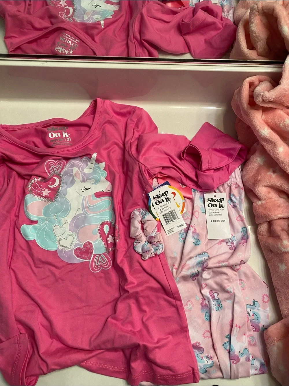 Girls Pink Unicorn Pajama Set with Hooded Robe - Size 10/12